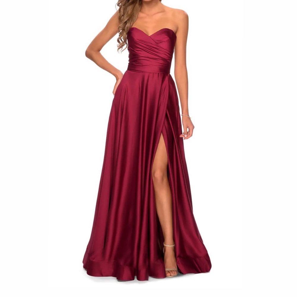 La Femme Strapless Red Satin High Slit Ballgown EUC!
